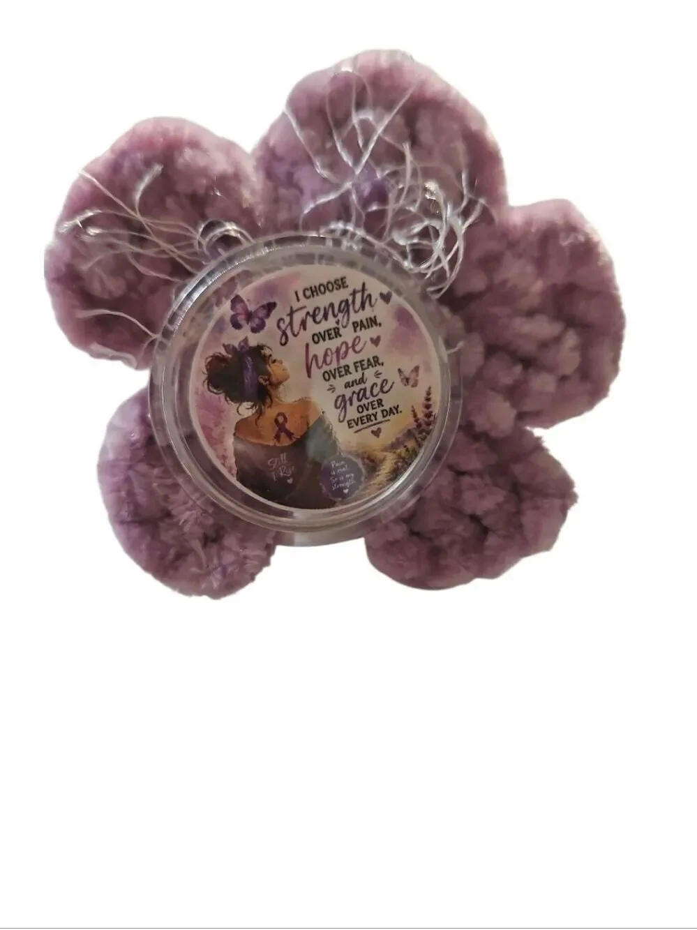 Handmade Faux Fur Crochet Boa Scarf Lavender Pain Awareness Brooch OOAK Botanica